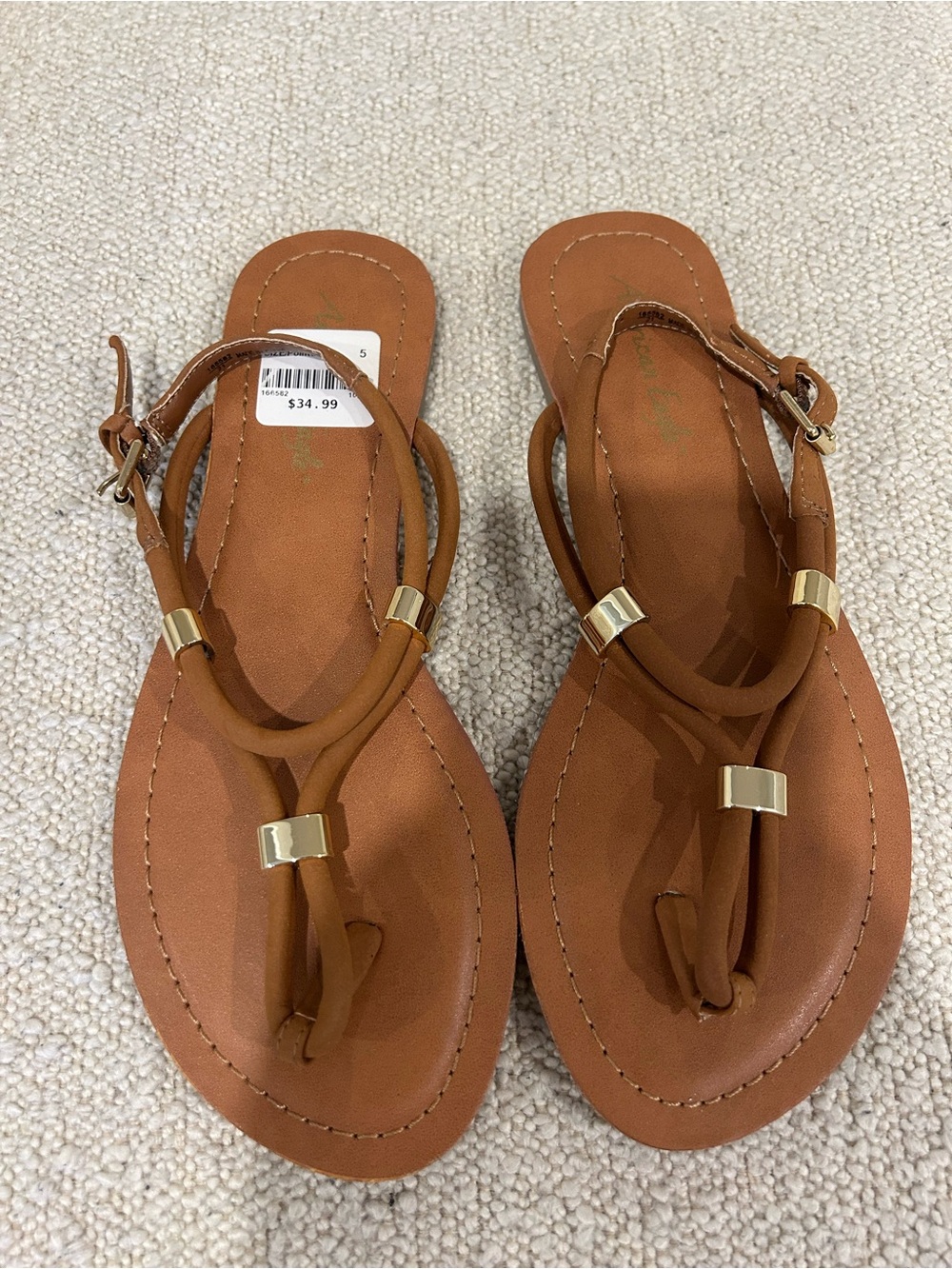 American Eagle Outfitters T-strap flat thong sandals Cognac Brown Gold Accents